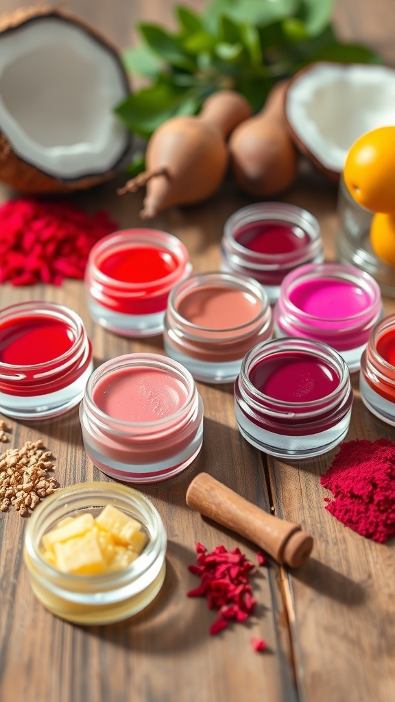 Homemade lip tints in various shades on a wooden surface with natural ingredients.
